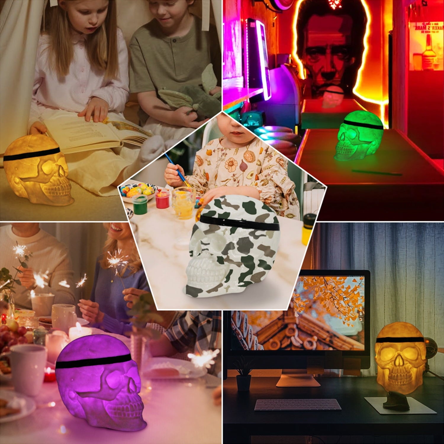 Postlucky 7.5" 8-Color Dimmable LED Skull Light, Halloween Outdoor Skeleton Decor Lamp, 3 AA Battery Powered, Black Strip Accessory