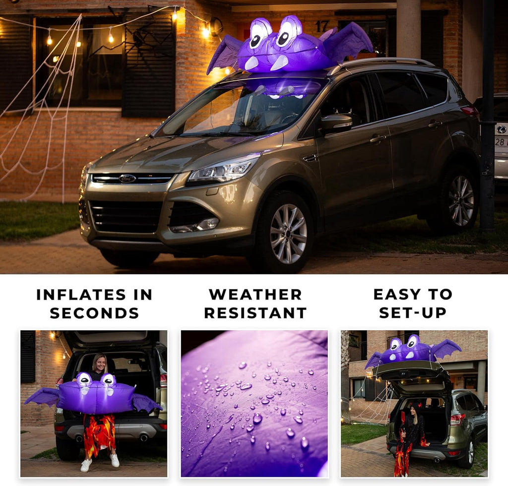 Zone Tech 6 FT Inflatable Bat Car Trunk Decor with Built-in LEDs, Blow Up Decoration for Halloween (1-Pack)
