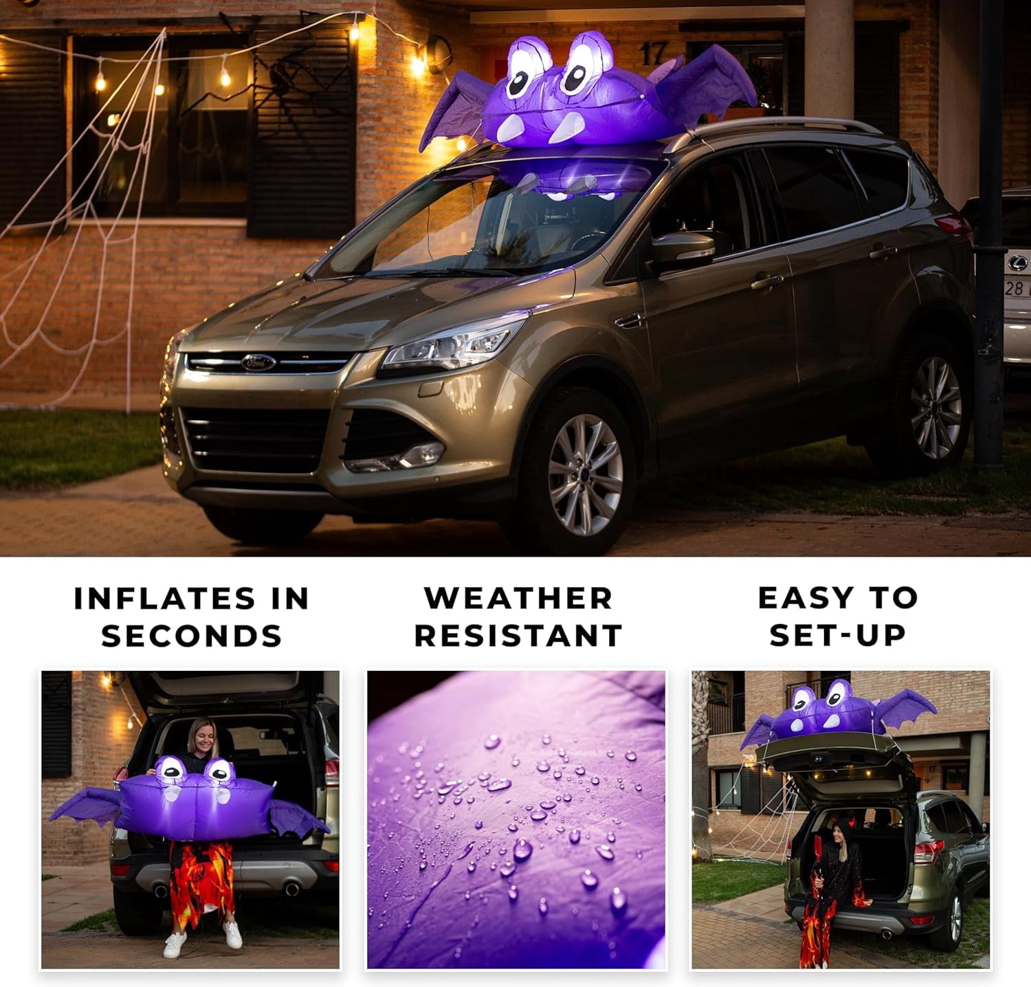 Zone Tech 6 FT Inflatable Bat Car Trunk Decor with Built-in LEDs, Blow Up Decoration for Halloween (1-Pack)