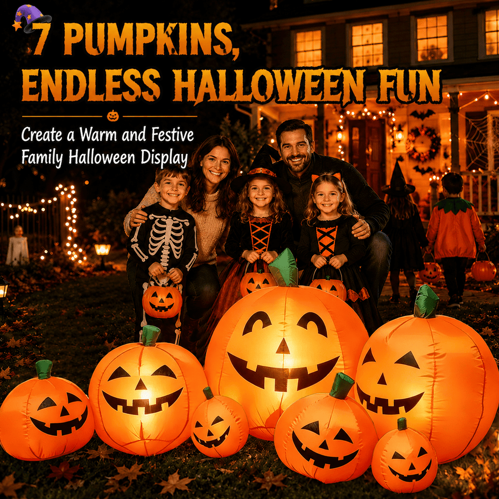 7.5 FT Long Halloween Inflatables Pumpkin Family Lighted,7 Pumpkins Blow Up Yard Decoration, Built-in LEDs, Stakes & Tethers Included for Outdoor Lawn Garden Halloween Decor
