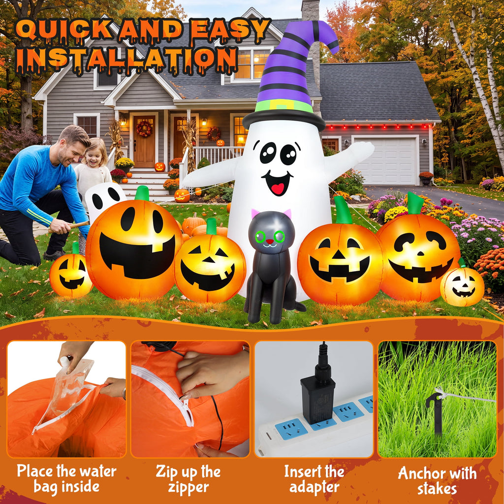 8 FT Long Halloween Inflatable Ghost with Witch Hat, 6 Pumpkins Halloween Blow Ups with Black Cat for Halloween Party Outdoor Yard Garden Lawn Decor