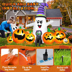 8 FT Long Halloween Inflatable Ghost with Witch Hat, 6 Pumpkins Halloween Blow Ups with Black Cat for Halloween Party Outdoor Yard Garden Lawn Decor