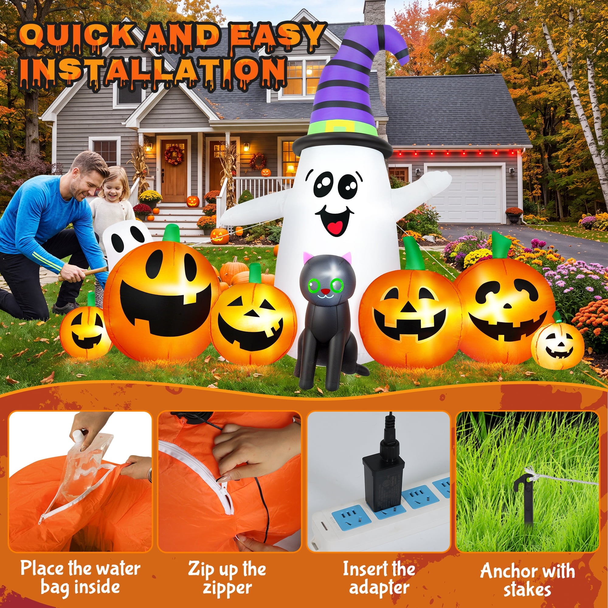 8 FT Long Halloween Inflatable Ghost with Witch Hat, 6 Pumpkins Halloween Blow Ups with Black Cat for Halloween Party Outdoor Yard Garden Lawn Decor