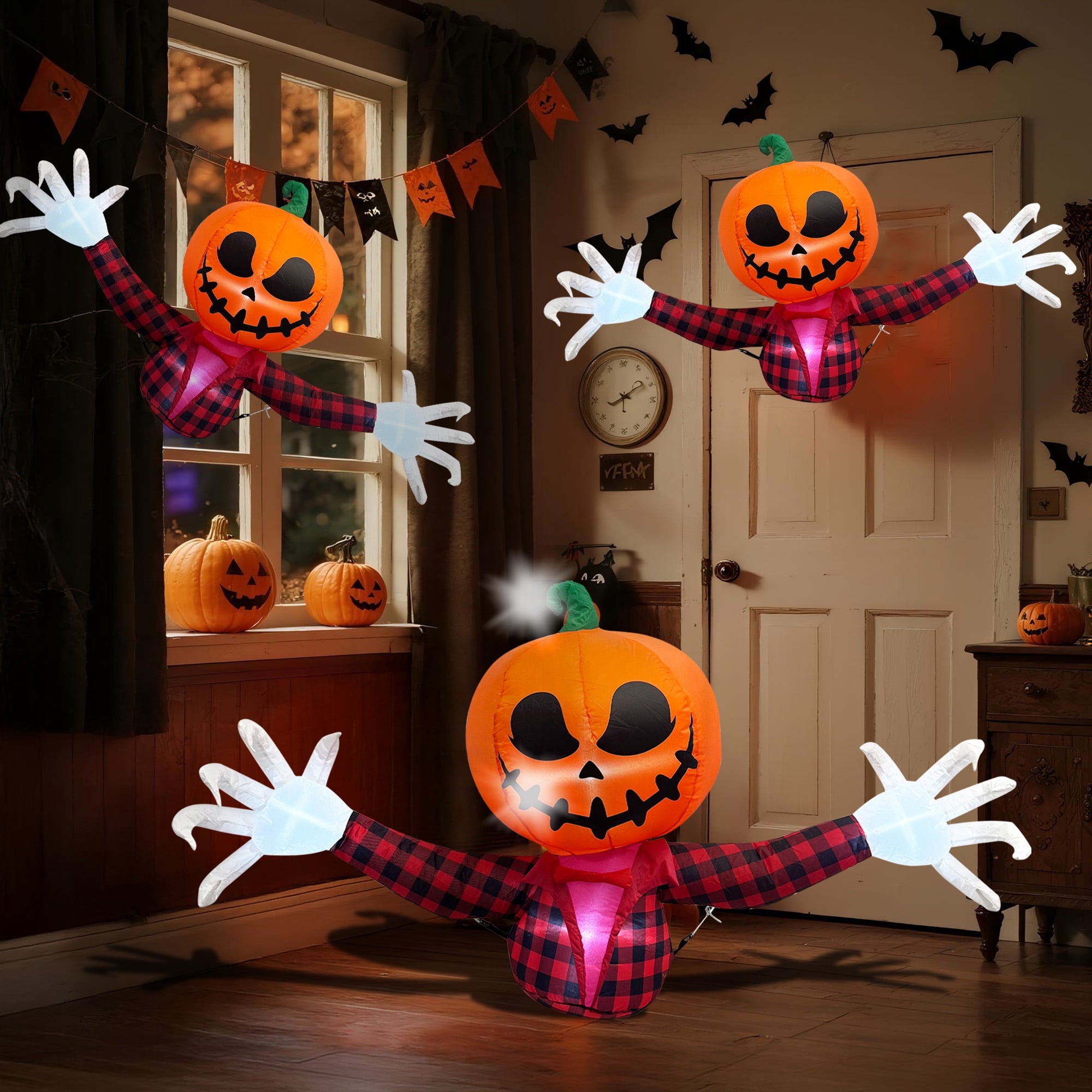 5 FT Halloween Inflatable Pumpkin Ghost  Outdoor LED Blow-Up Decoration with Giant Arms, Light-Up Eyes, Waterproof Yard Decor for Lawn and Garden