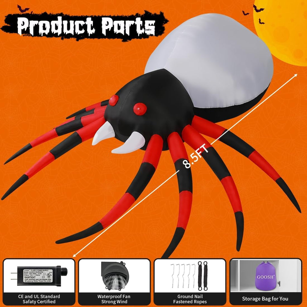 Halloween Inflatable 8.5 FT Halloween Spider Inflatable, Giant Blow Up Spider with Built-in Lights, Outdoor Inflatable Halloween Decorations Halloween Blowup for Holiday/Party/Yard