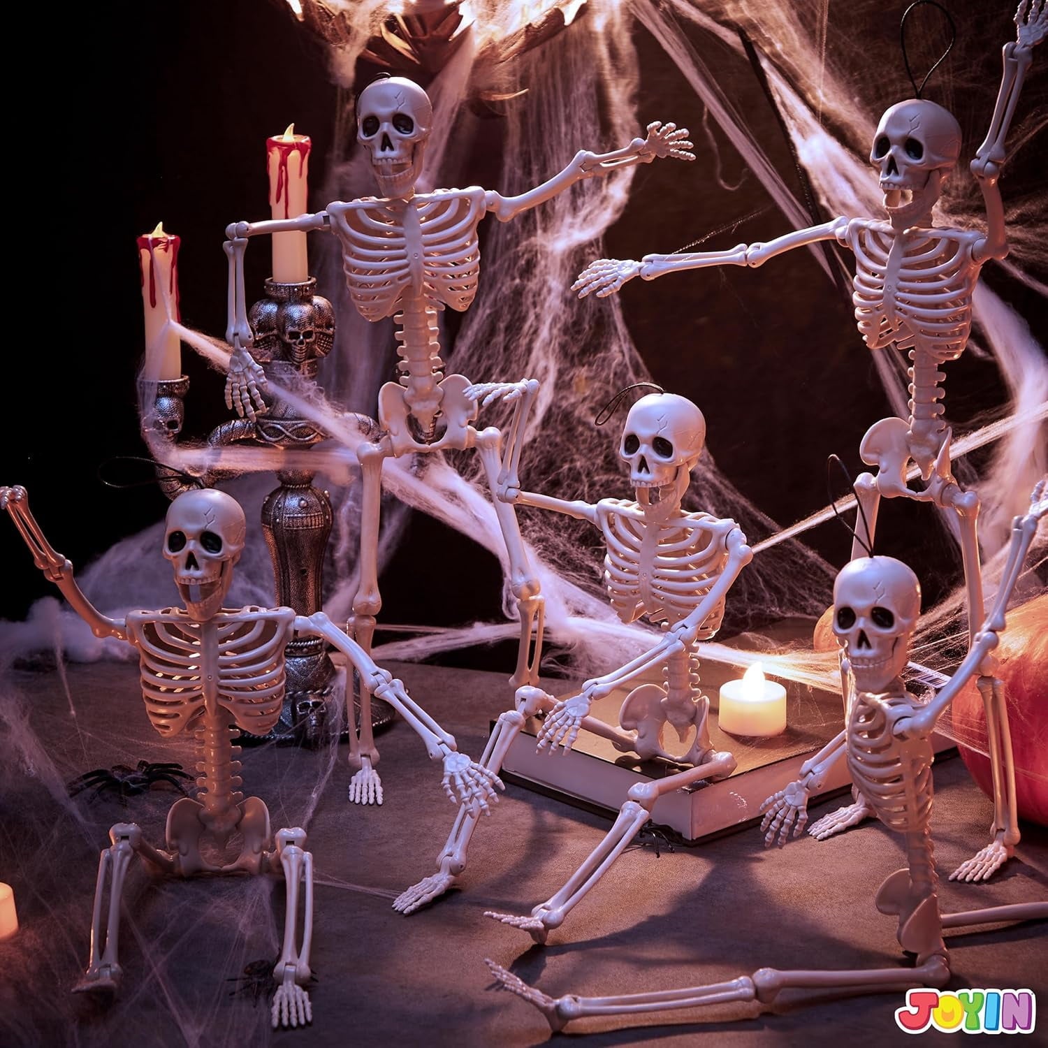 5 PCS Posable Halloween Skeleton Decor 16 Inches, Full Body Posable Joints Hanging Skeletons for Halloween Decorations, Graveyard Props, Haunted House Accessories, Spooky Scene Party Favors