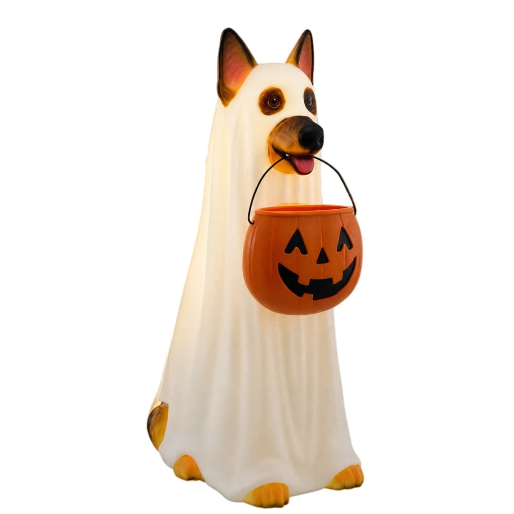 Clearance! Halloween Ghost Dog Statue with Pumpkin Candy Bowl, 14" LED Ghost German Shepherd Blow-Molded Figurine Outdoor, Halloween Candy Holder Decoration Gift for Porch Yard Patio Indoor