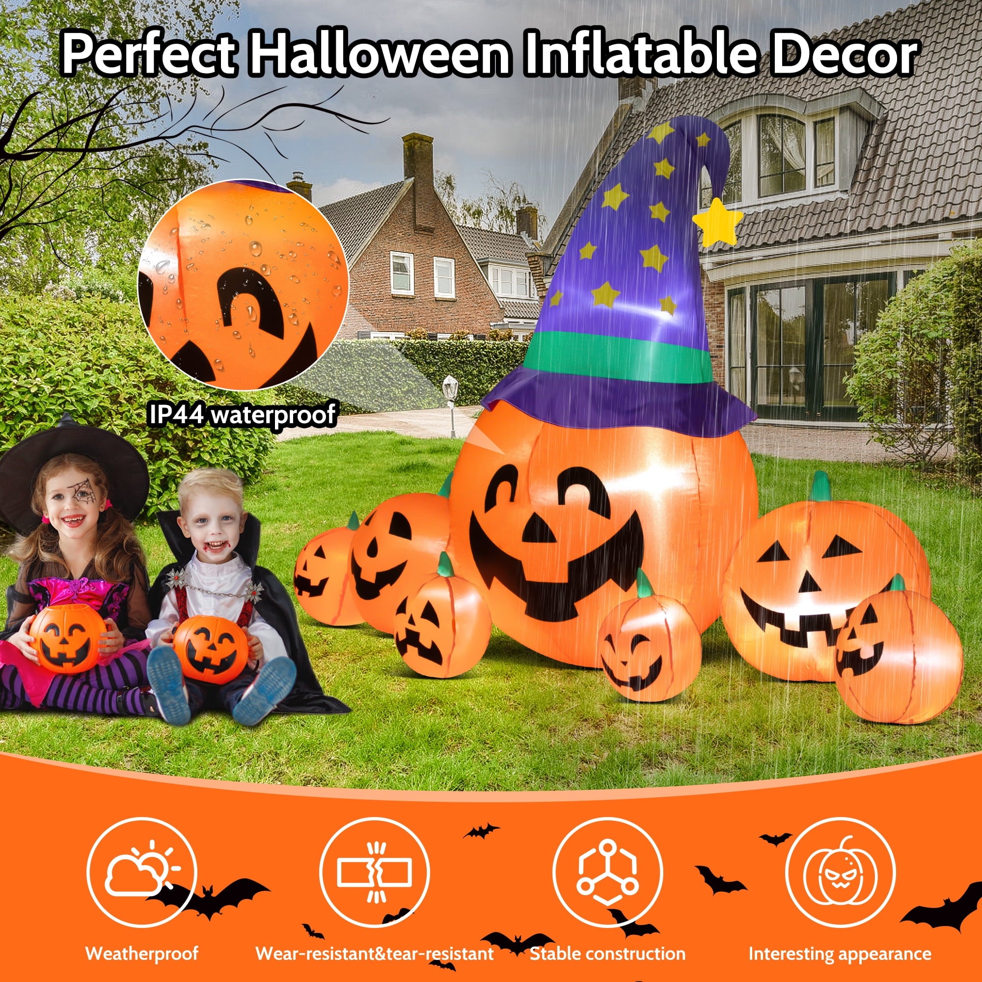 8.7ft Halloween Inflatables Pumpkins 7 Blow Up Decor with Witches Hat, Built-in LED Lights for Halloween Party, Yard, Garden, Lawn