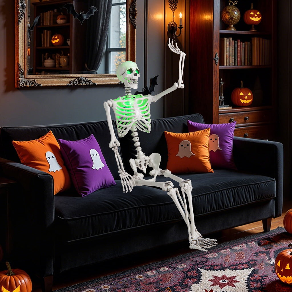 Costway 5.5 FT Poseable Halloween Skeleton Life-Size Decoration with Built-in Lights Green