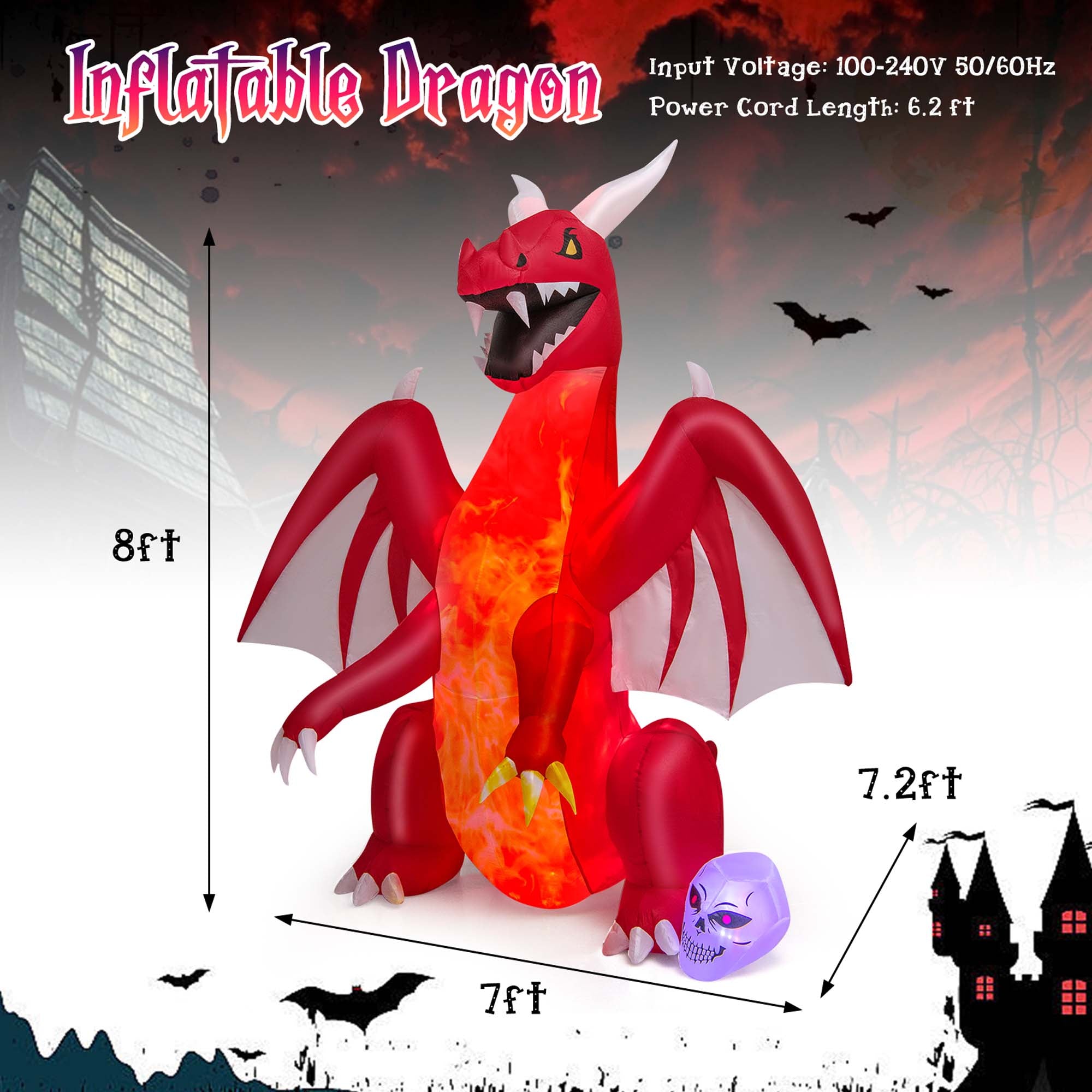 Costway 8 FT Halloween Inflatable Red Dragon with Wings & Skull Holiday Decoration Light