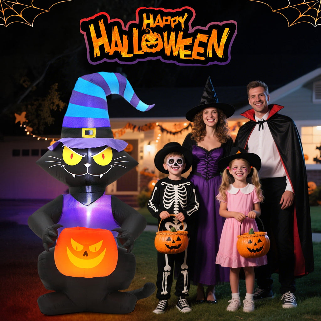 Toiyjofe 6ft Halloween Inflatable Black Cat with Jack-o'-Lantern & LED Lights, Trick-or-Treat Yard Decoration with Witch Hat for Outdoor Lawn & Porch