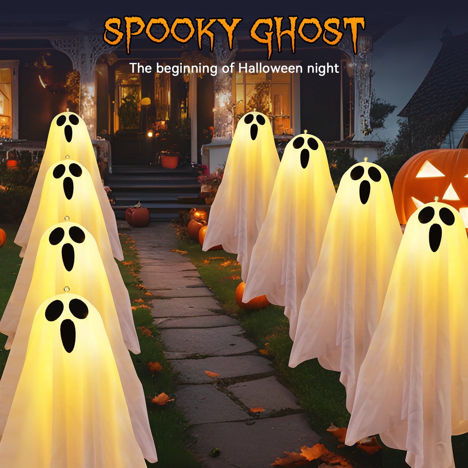 Halloween Decorations, Solar Garden Lights Outdoor, 5Packs Halloween Ghost Decorations Lights Indoor, Solar Scary Ghost Path Lights for Halloween Party Decor, Porches Yards Gardens Lawn, Warm White