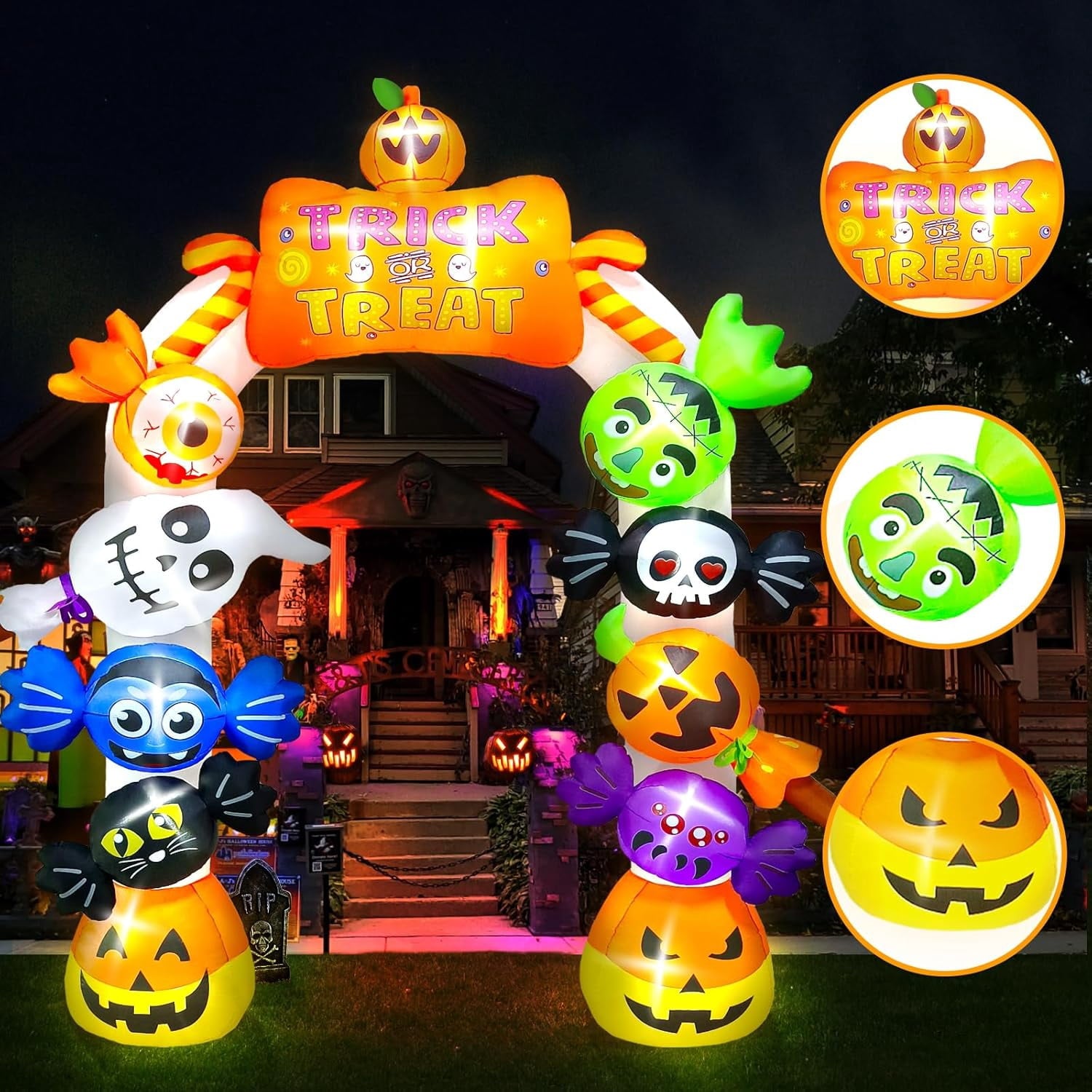 10FT Inflatable Candy Ghost Pumpkin Archway with Built-in Lights  Giant Outdoor Yard & Garden Decoration for Halloween, Indoor/Outdoor Use