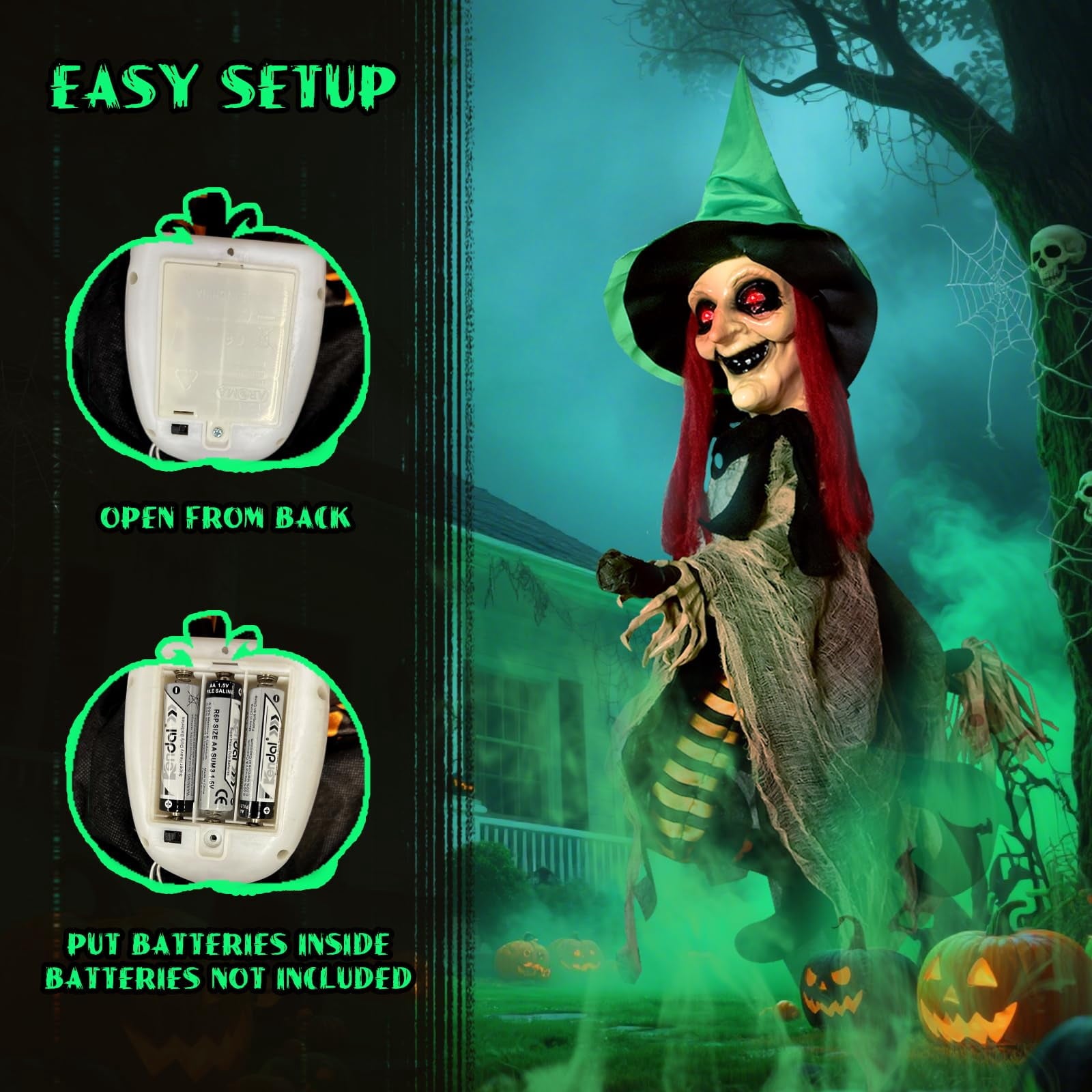 Halloween LED Light-Up Flying Witch on Broomstick, Realistic Sound & Motion, Scary Animated Decoration with Kicking Legs for Yard, Party, Haunted House Green