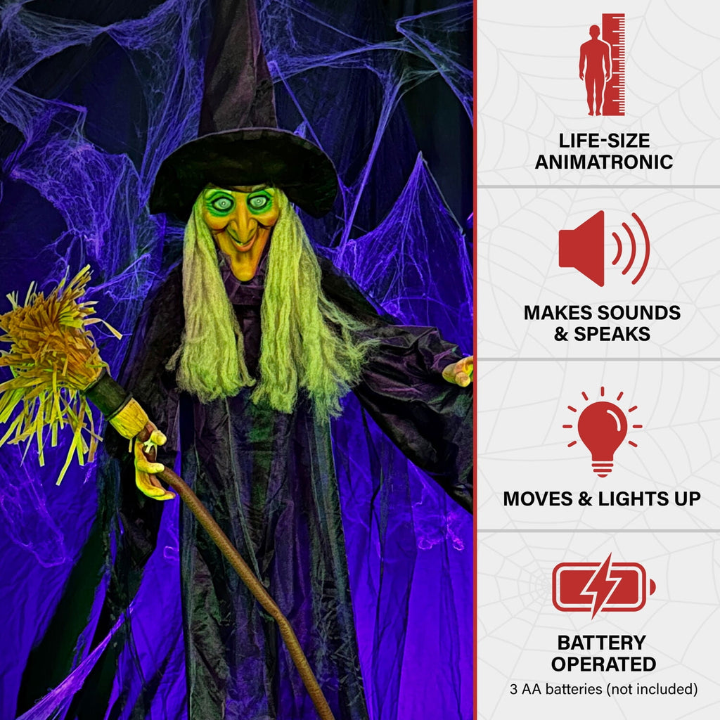 Life-Size Animated Talking Witch w/ Broomstick, 6 ft Halloween Decoration, HHWITCH-5FLSA