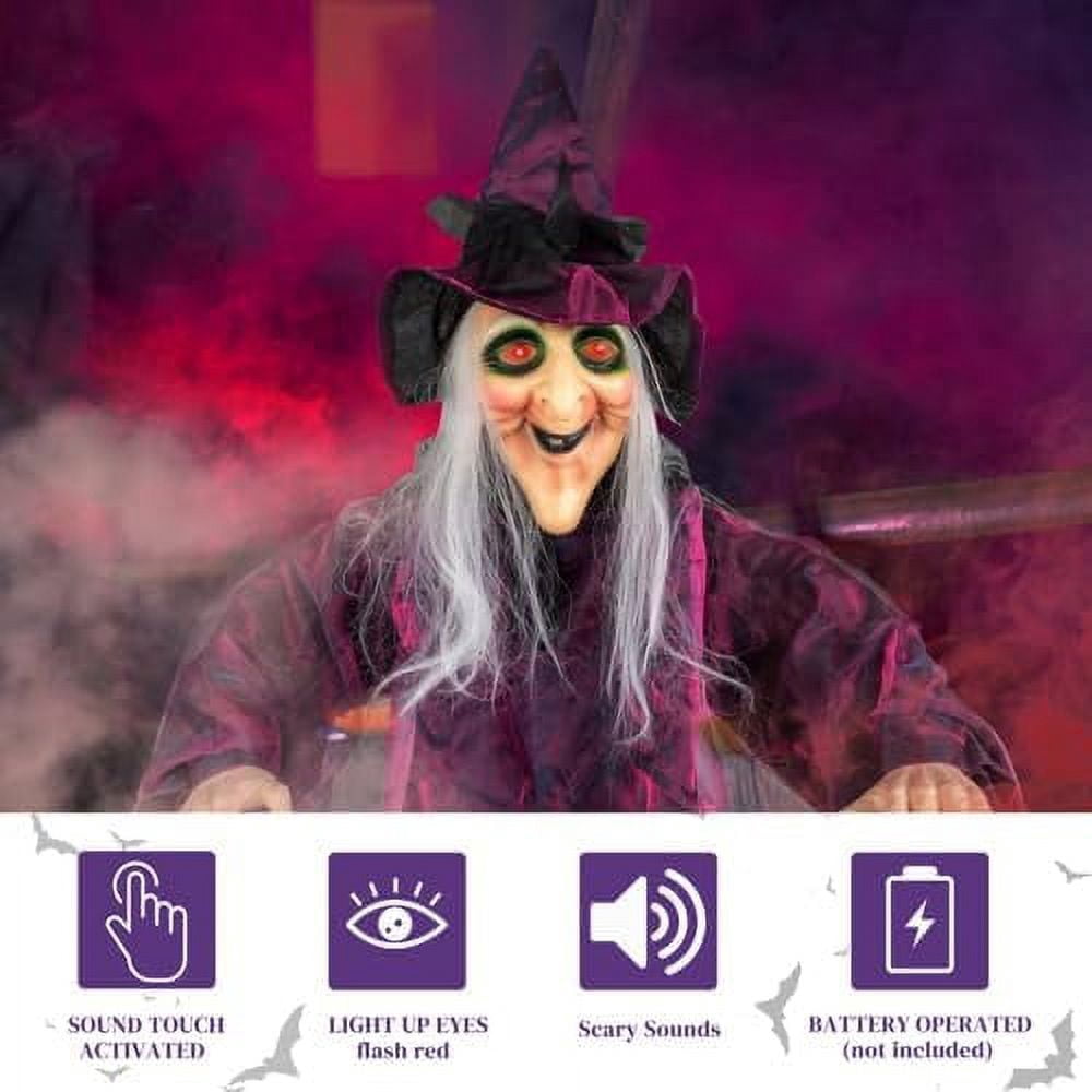 VINGLI Life Size Animated Talking Witch Halloween Decorations Outside Animatronics Hanging Witch Decor with Spooky Voice Red Lighted Eyes for Outdoor Indoor Party Haunted House Garden 5.9FT