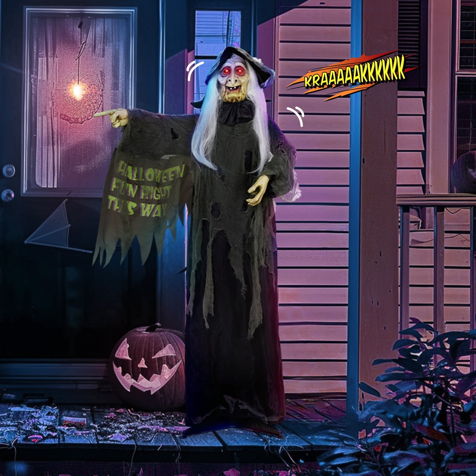 6FT Halloween Animatronic Witch Standing Outdoor Halloween Decoration w/ Red Eyes,Scary Sounds