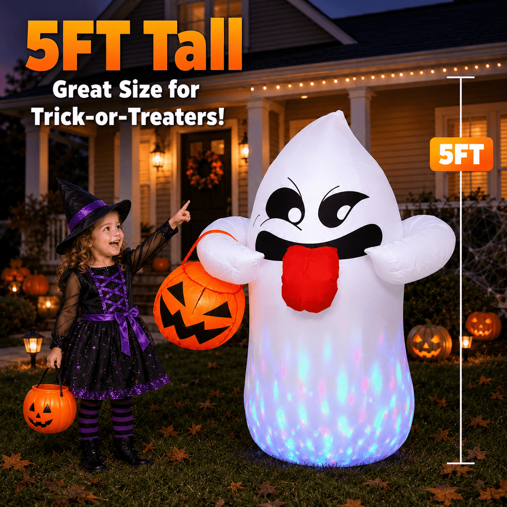 5FT Halloween Inflatable Ghost Holding Pumpkin Lantern, Light-Up Blow Up Outdoor Yard Decoration with RGB LED Lights