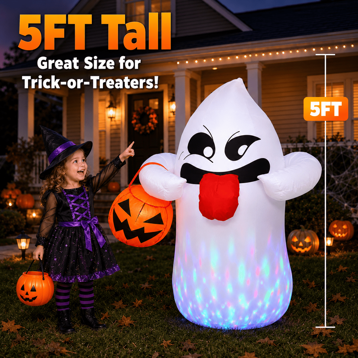 5FT Halloween Inflatable Ghost Holding Pumpkin Lantern, Light-Up Blow Up Outdoor Yard Decoration with RGB LED Lights