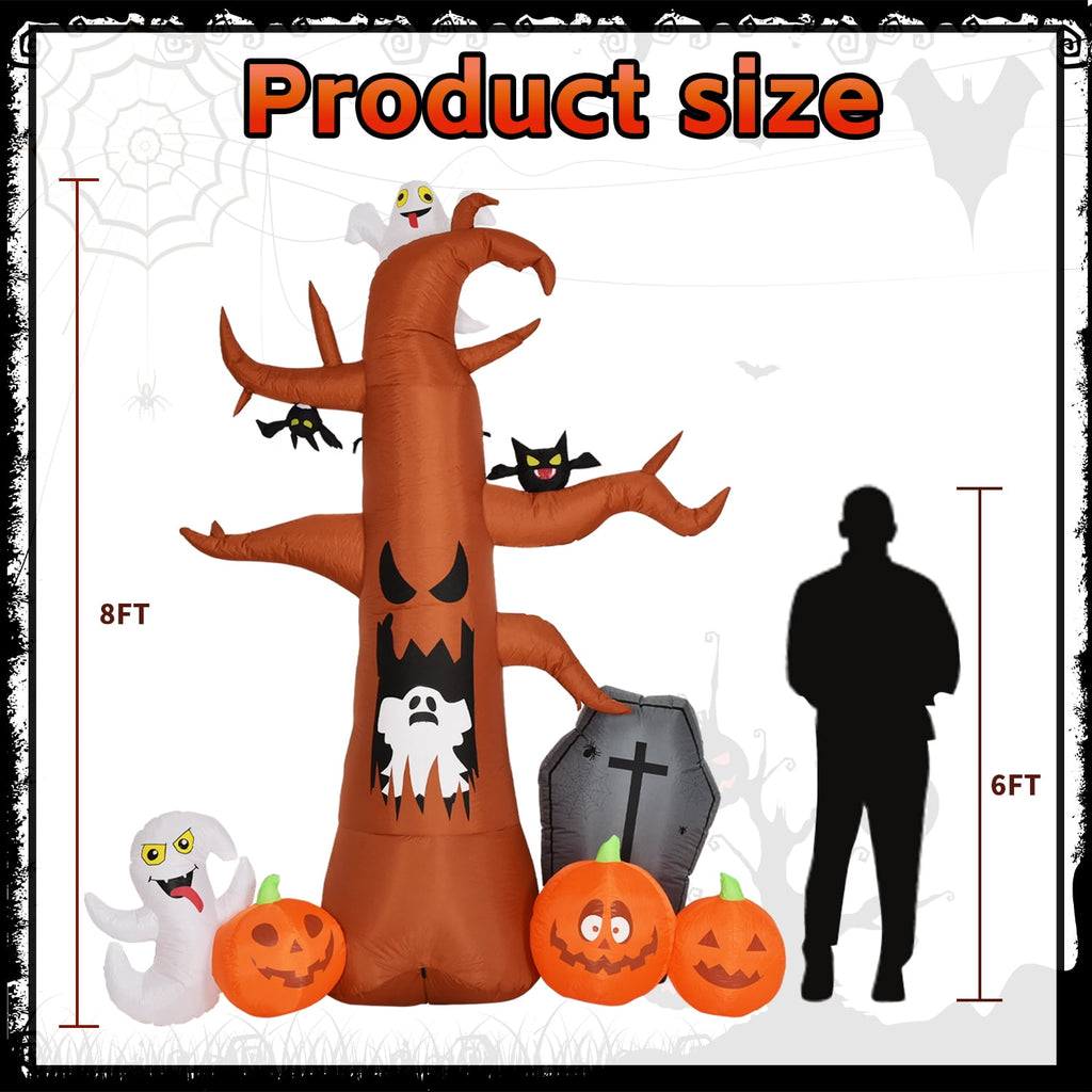 Coolmade 8 ft Halloween Inflatable Outdoor Dead Tree with Ghosts Pumpkins Tombstone Bat, Halloween Blow Up Yard Decorations Clearance with Build-in LED Lights for Holiday Party Lawn Yard Garden