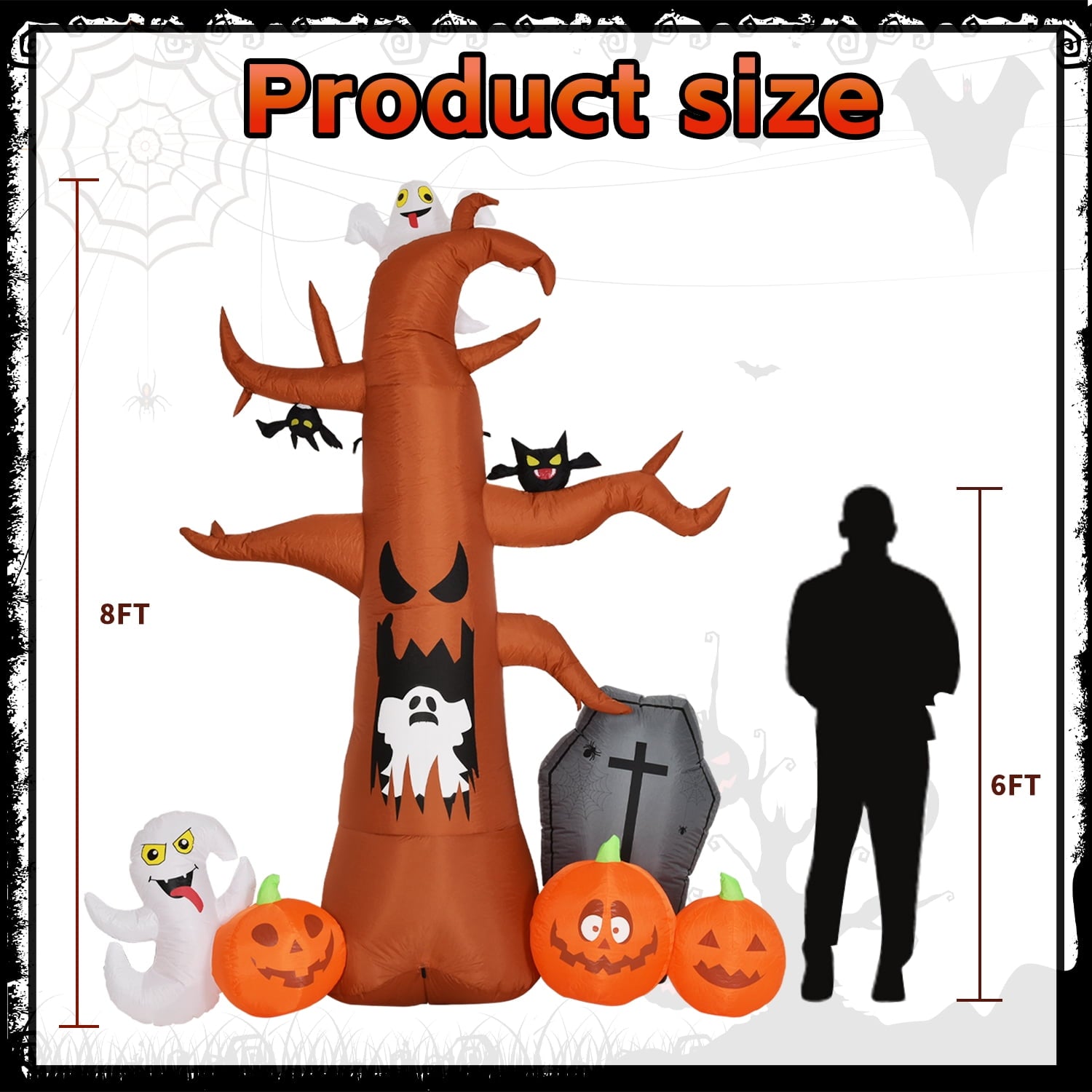 Coolmade 8 ft Halloween Inflatable Outdoor Dead Tree with Ghosts Pumpkins Tombstone Bat, Halloween Blow Up Yard Decorations Clearance with Build-in LED Lights for Holiday Party Lawn Yard Garden