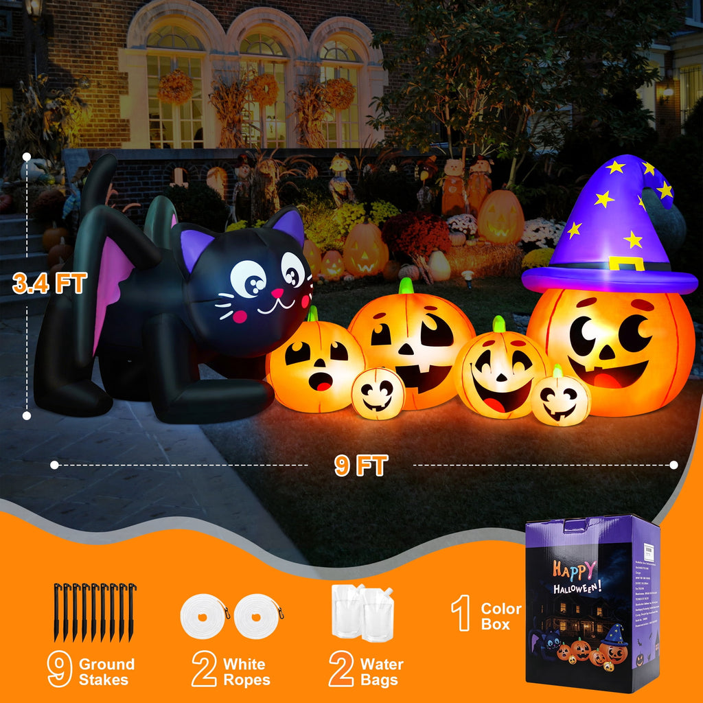9FT Halloween Inflatable Black Cat with Pumpkin,Halloween Yard Decoration with 8 LED Lights,Blow Up Outdoor Lawn Decor