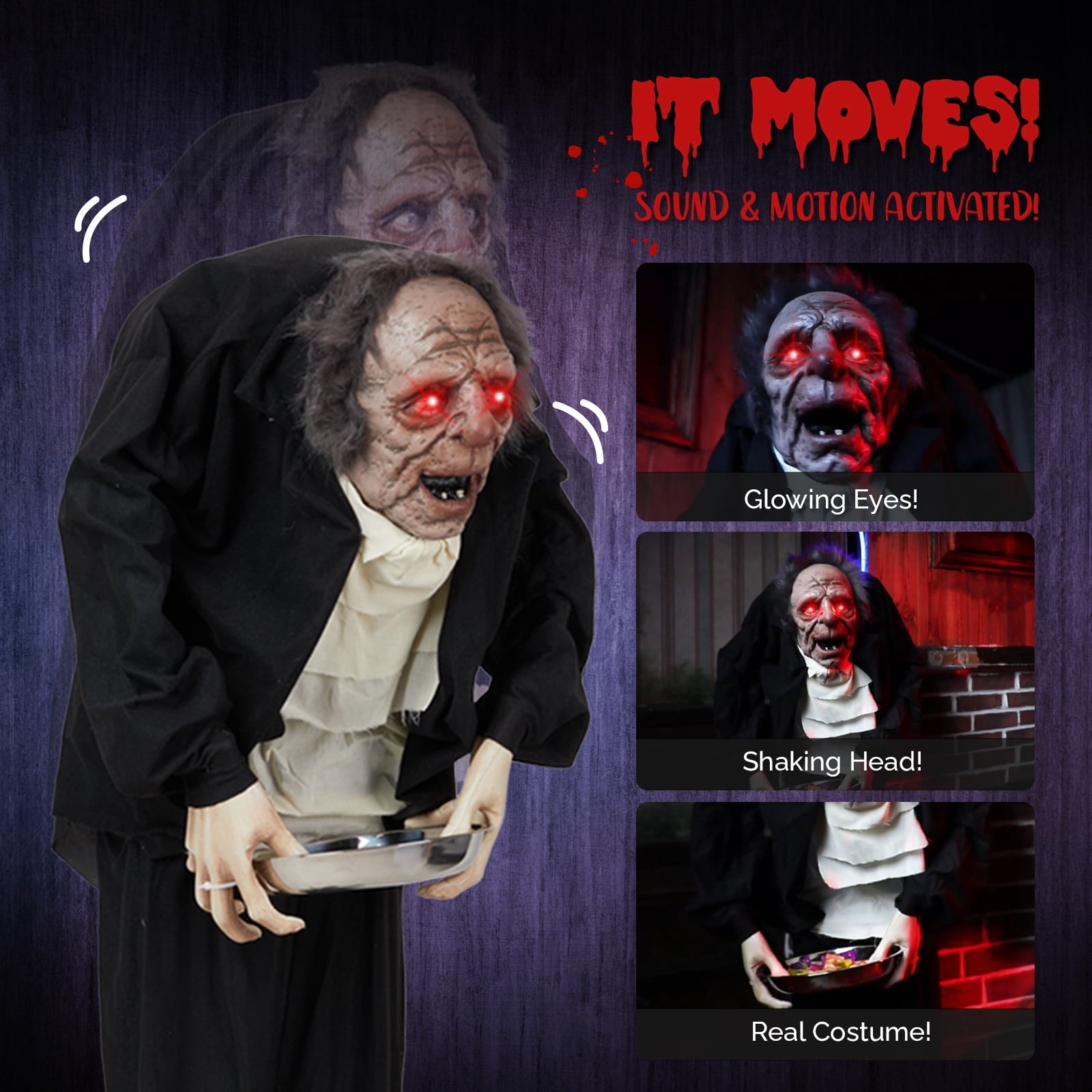 5FT Halloween Animatronic Grandpa w/ Candy Dish The Sound Activated Standing Halloween Prop