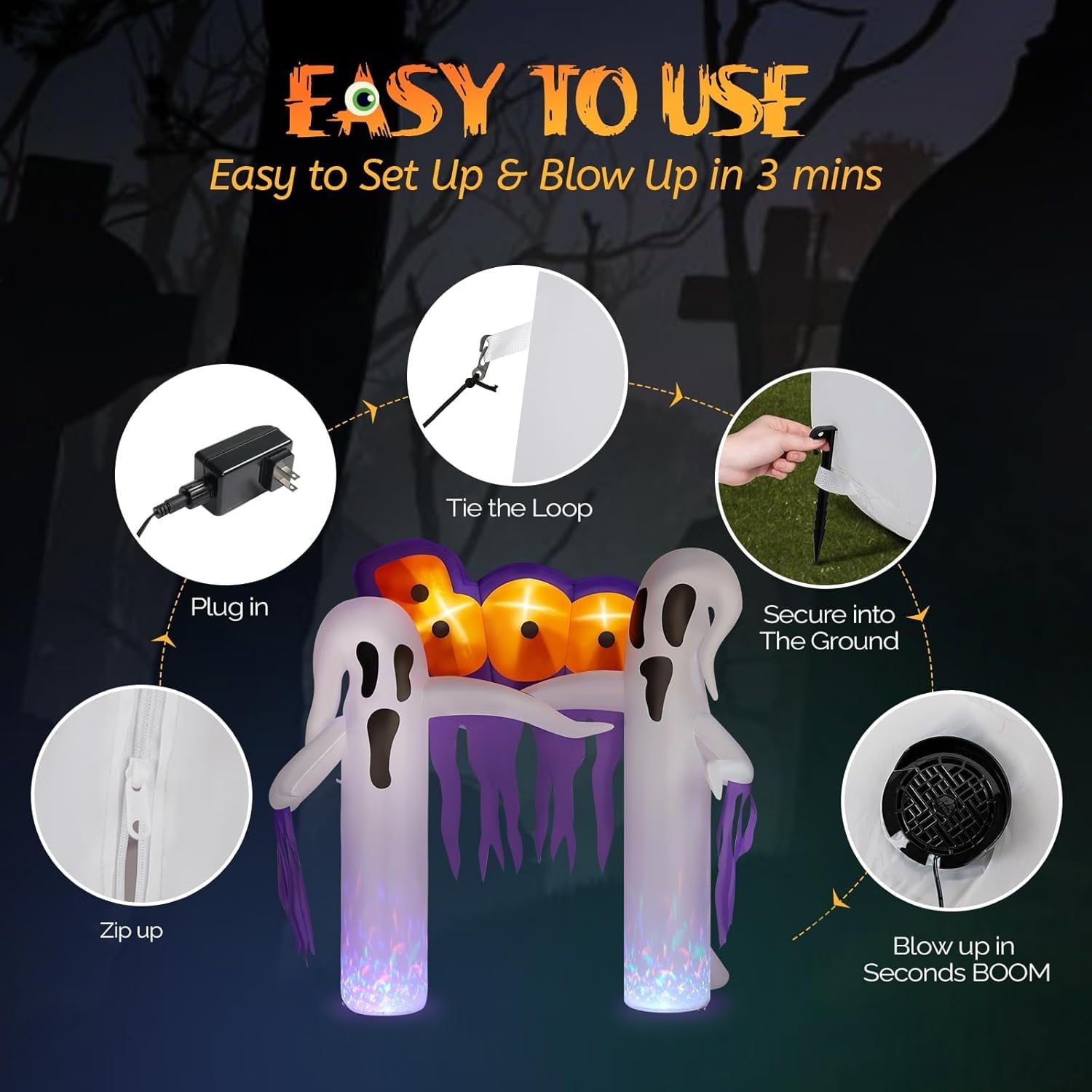 VINGLI 9.8FT Inflatable Halloween Outdoor Decorations, Blow Up Yard Decorations, Built-in LED Lights Décor for Indoor Home Party Garden Lawn Store, White Ghost Archway