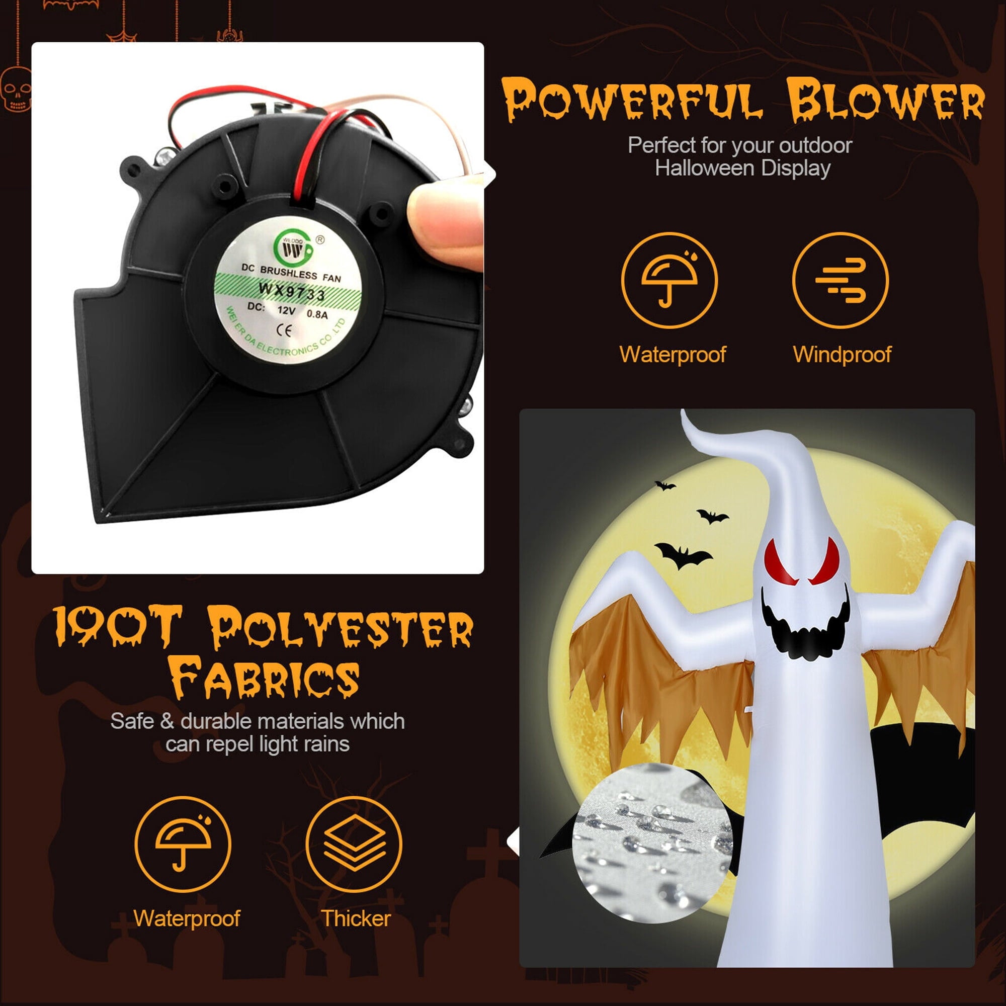 Gymax 8ft Inflatable Halloween Ghost Blow Up Decoration w/ Built-in Flame Light