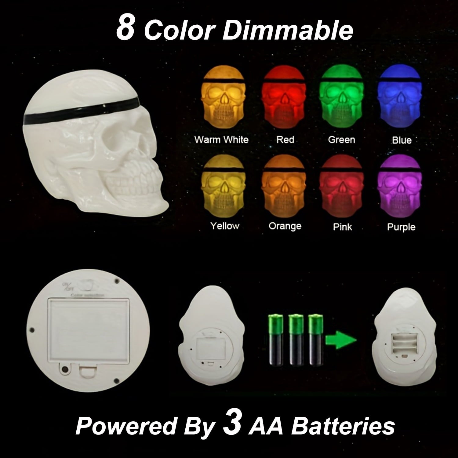 Postlucky 7.5" 8-Color Dimmable LED Skull Light, Halloween Outdoor Skeleton Decor Lamp, 3 AA Battery Powered, Black Strip Accessory