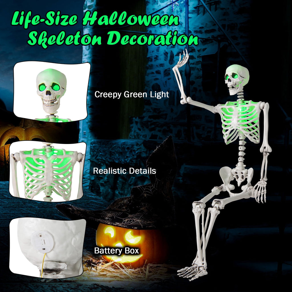 Costway 5.5 FT Poseable Halloween Skeleton Life-Size Decoration with Built-in Lights Green