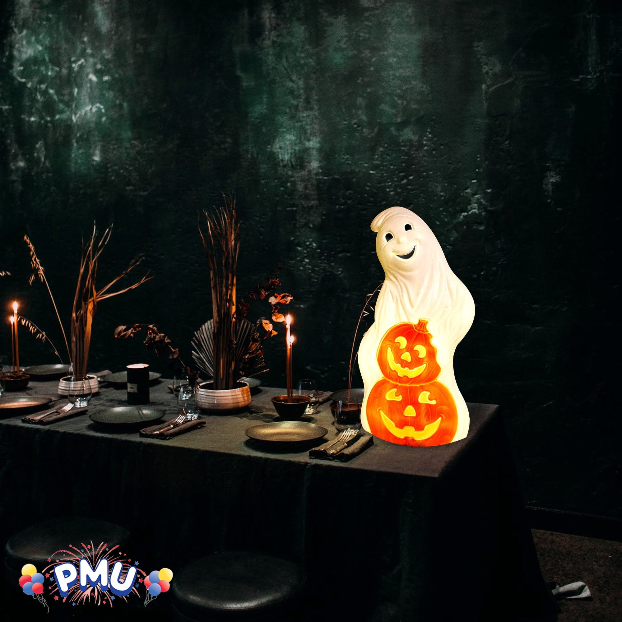 PMU Halloween Light-Up Ghost Pumpkin Trick or Treat Blow Mold Decorations - Perfect for Halloween, Home, Lawn, Yard, Decor (Indoor and Outdoor)