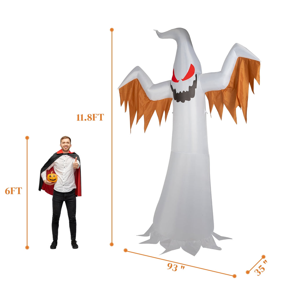 12FT Halloween Inflatables Ghost Outdoor Halloween Decoration w/ Scary Flames,4pcs LED Lights