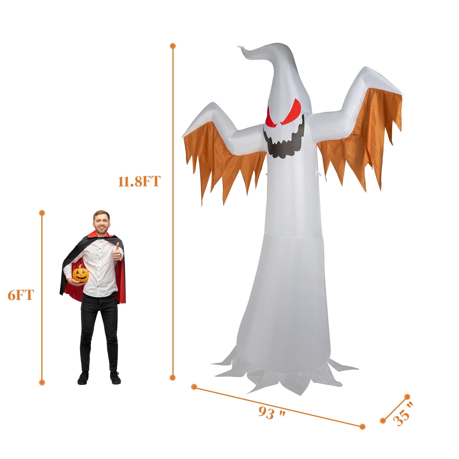 12FT Halloween Inflatables Ghost Outdoor Halloween Decoration w/ Scary Flames,4pcs LED Lights