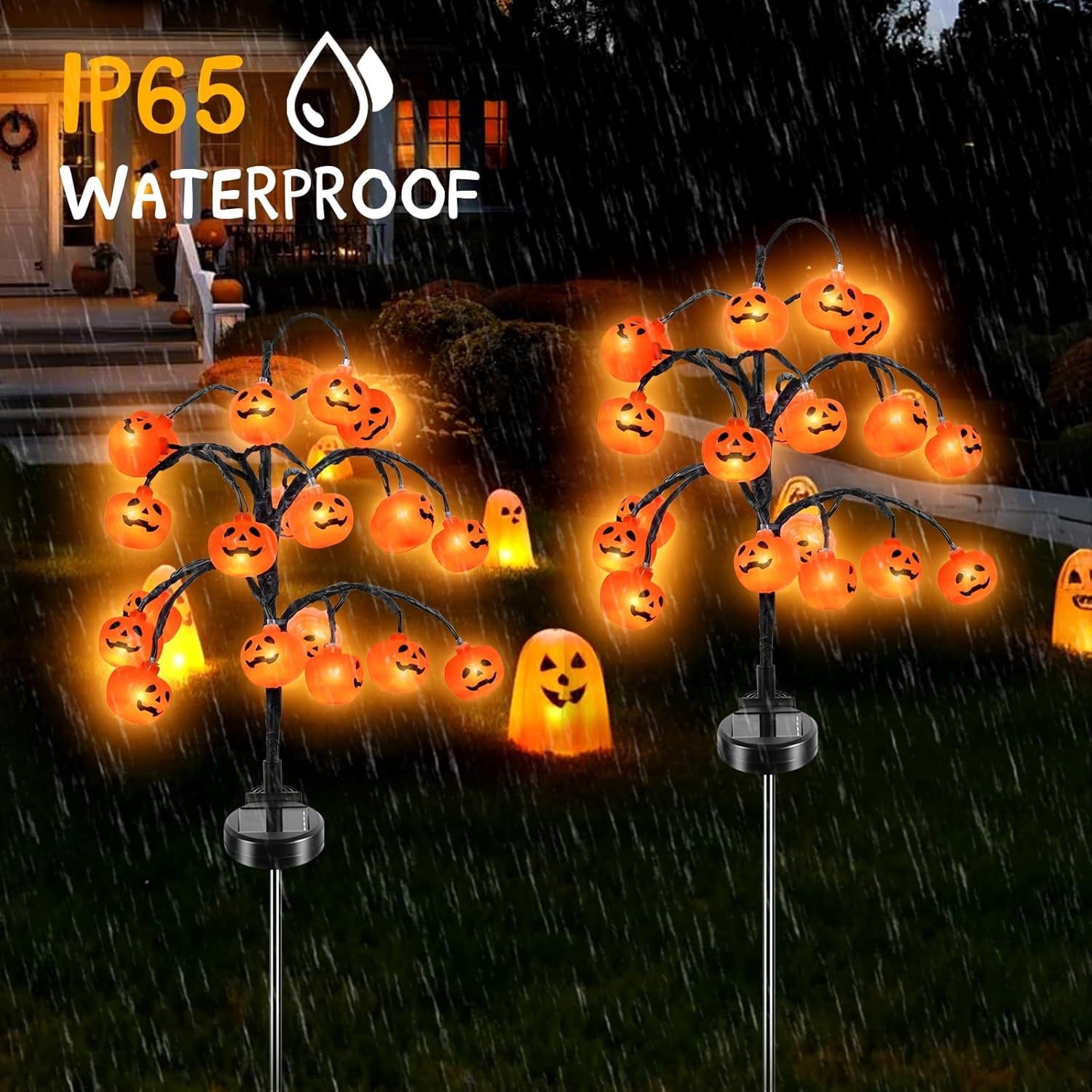 2 packs 40 LEDs Solar Halloween Pumpkin Stake Lights, 2 Modes Outdoor Waterproof Halloween Decorations, Solar Halloween Lights Stakes for Garden Yard Pathway