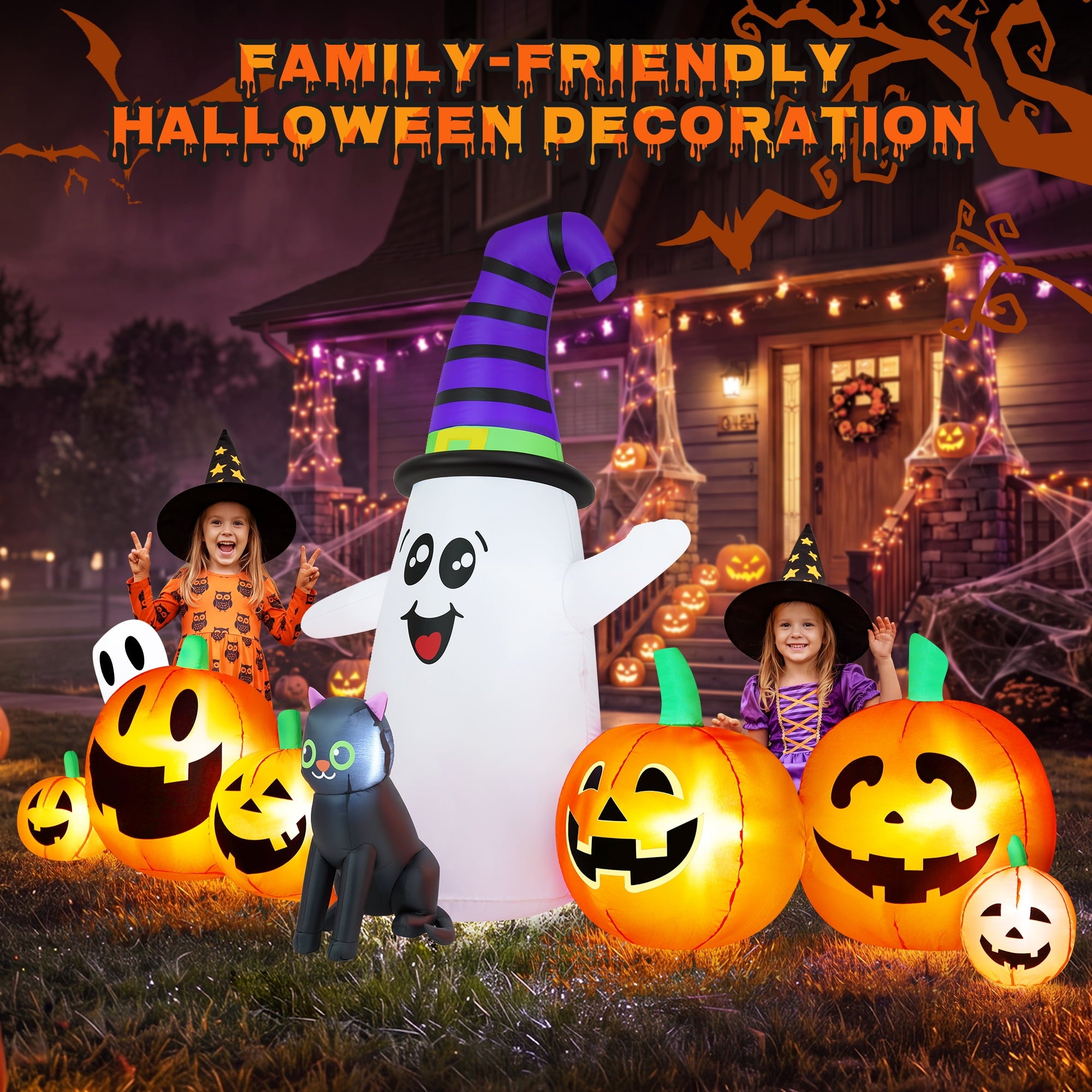 8 FT Long Halloween Inflatable Ghost with Witch Hat, 6 Pumpkins Halloween Blow Ups with Black Cat for Halloween Party Outdoor Yard Garden Lawn Decor