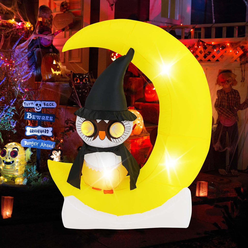 Costway 4.3 x 5.1 ft Inflatable Owl on Moon LED Lighted Halloween Decoration w/ Large Moon & Wizard Owl w/ Stakes & Sandbags
