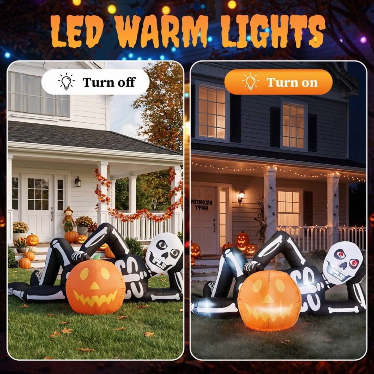 7' Halloween Inflatables Skeleton Outdoor Halloween Decoration Reclining Skeleton with Pumpkin,Built-In LED Lights