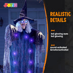 6ft Halloween Witch Decoration,Outdoor Scary Halloween Animatronic Hanging Witch with Light Up Eyes and Sound Decoration for Halloween Outdoor