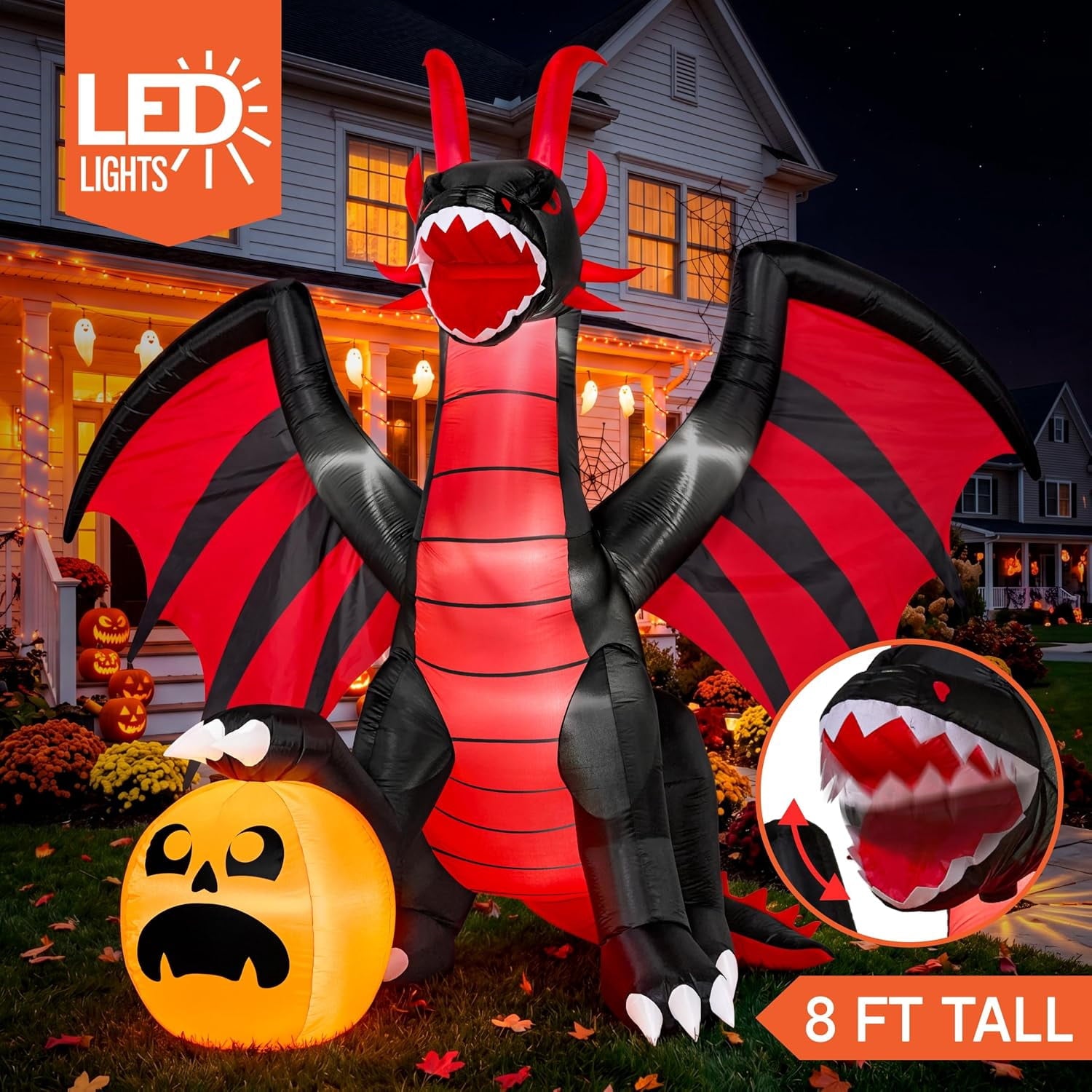 8 ft Halloween Inflatable Fire Dragon with Pumpkin,Animated Moving Mouth & Internal LED Lights,Blow Up Yard Decor Outdoor Lawn Garden Indoor Porch Patio Spooky Halloween Decoration