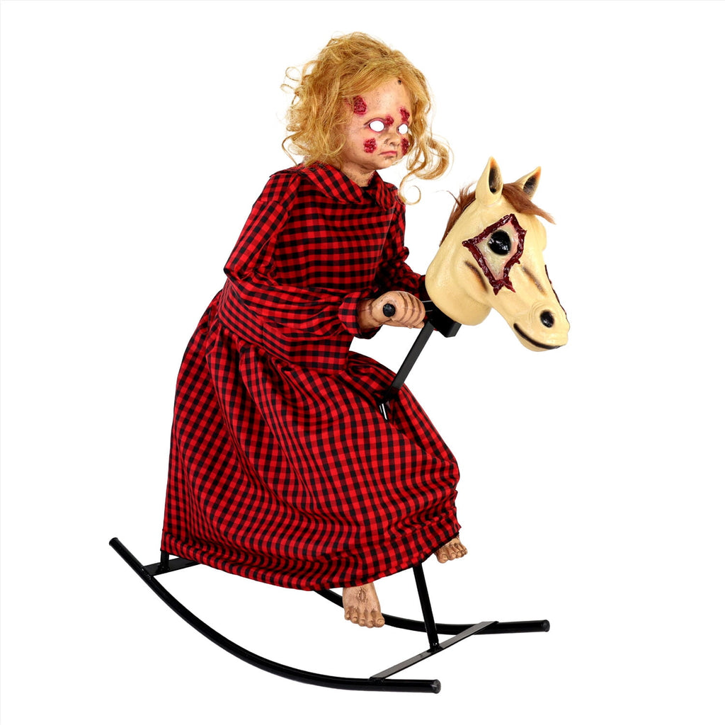 3.2 ft Voice & Sound-Sensor Rocking Horse Girl Halloween Animatronic, HHRCKHRSGRL-1FLSA
