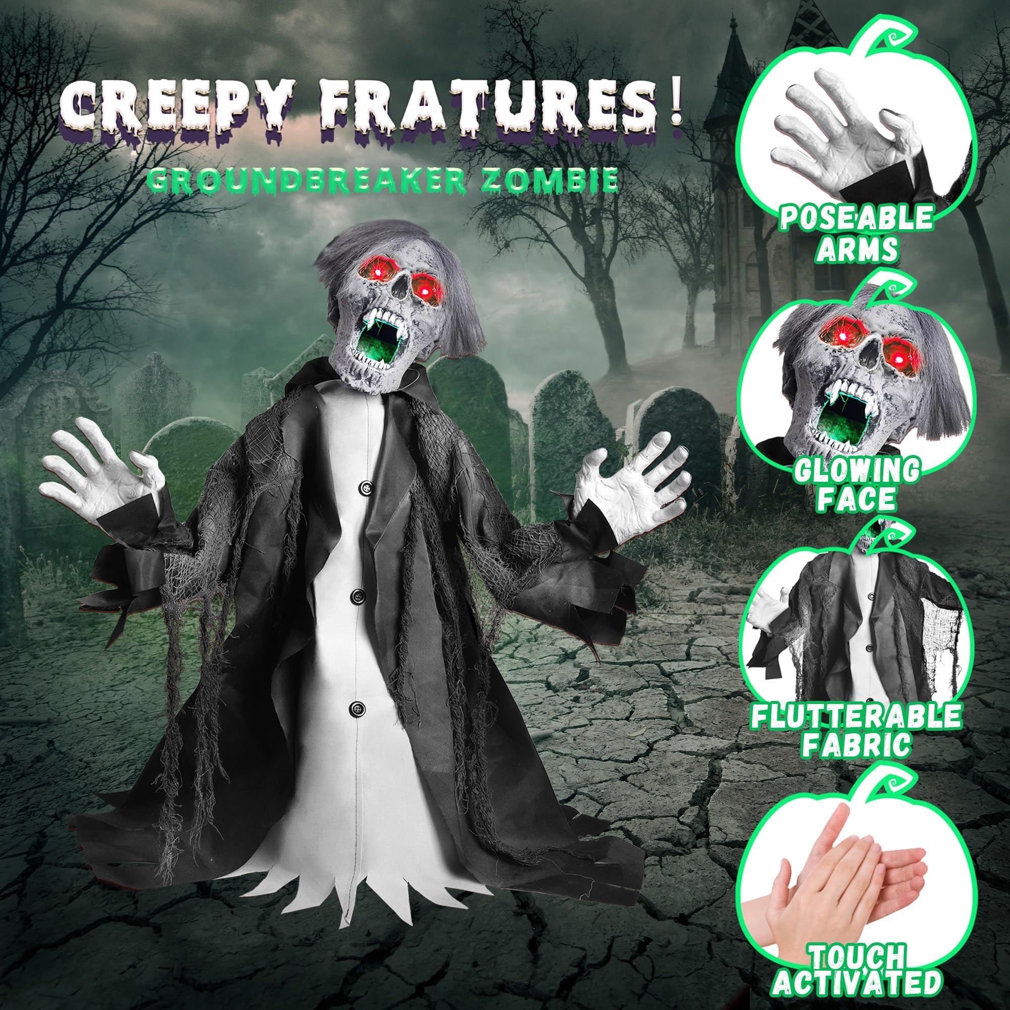 Halloween Zombie Groundbreaker Decorations Outdoor with Light and Sound, 2.3FT Motion and Sound Scary Deco Props for Outdoor,Yard,Lawn,Patio,Haunted House