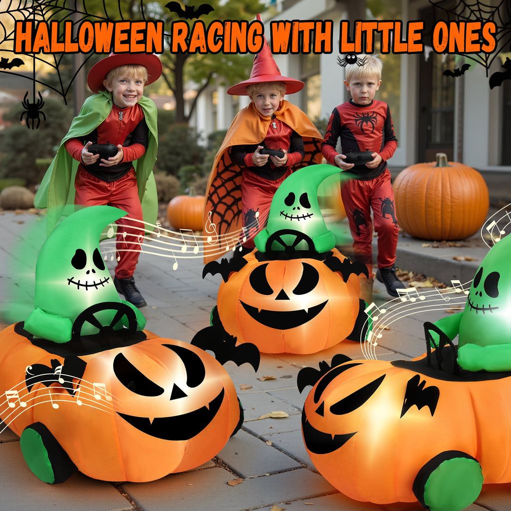 2.6ft Halloween Inflatable with Music and Lights,Remote Control Pumpkin Ghost Car,Blow ups Rc Car,Indoor Outdoor,Orange Green