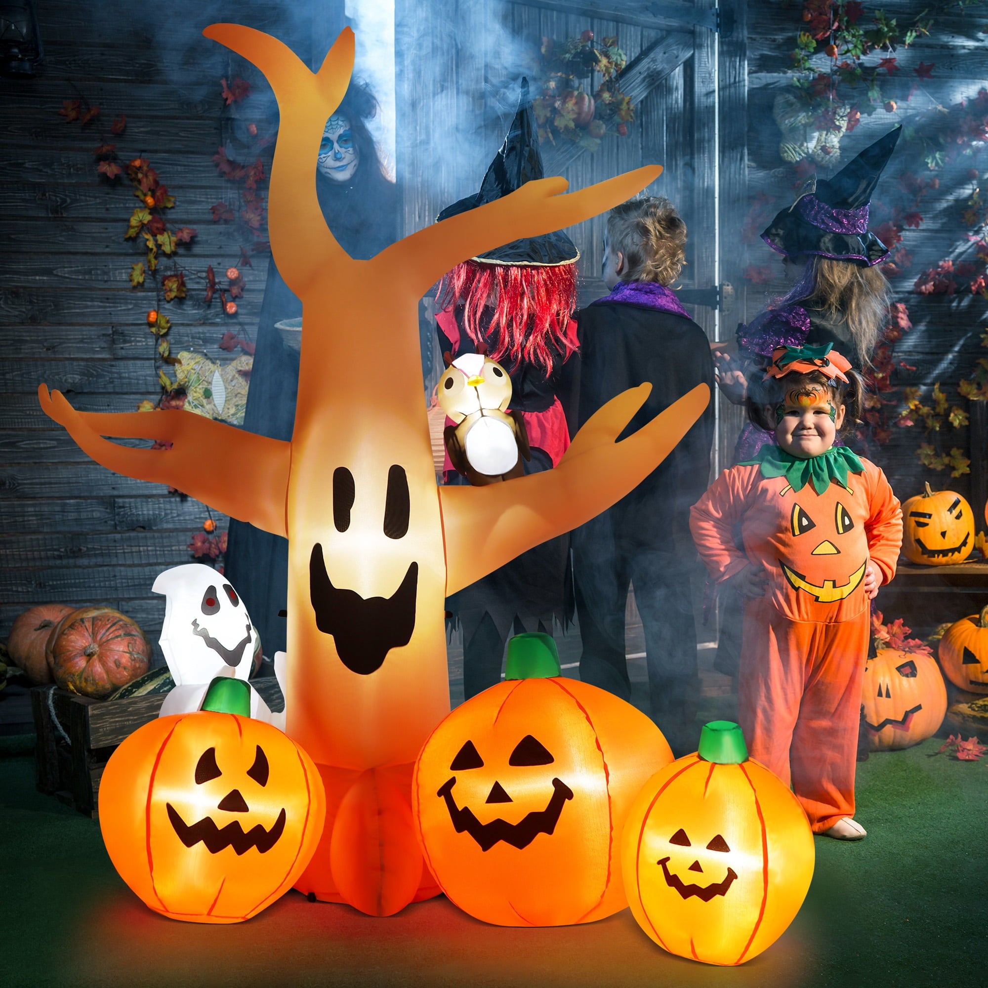 8FT Halloween Inflatables Dead Tree,Outdoor Halloween Decorations with Built-in LED Lights,Halloween Blow Up Yard Decorations with Pumpkin,Ghost,and Owl