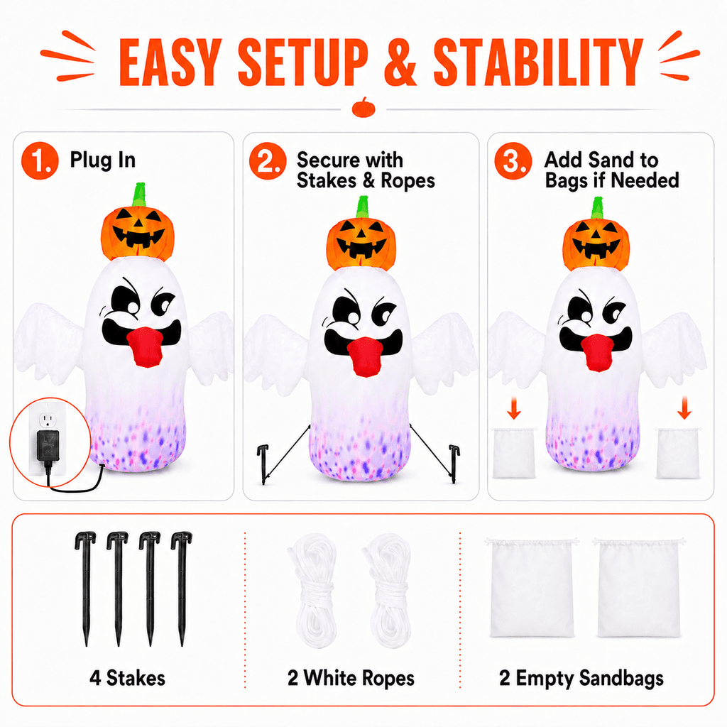 6FT Halloween Inflatable Ghost with Pumpkin Head, Light-Up Blow Up Outdoor Yard Decoration with White and RGB LED Lights