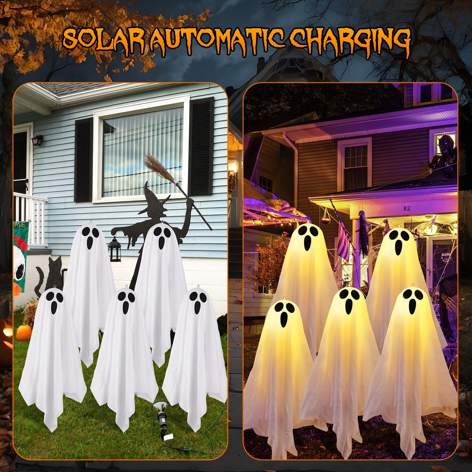 Halloween Decorations, Solar Garden Lights Outdoor, 5Packs Halloween Ghost Decorations Lights Indoor, Solar Scary Ghost Path Lights for Halloween Party Decor, Porches Yards Gardens Lawn, Warm White