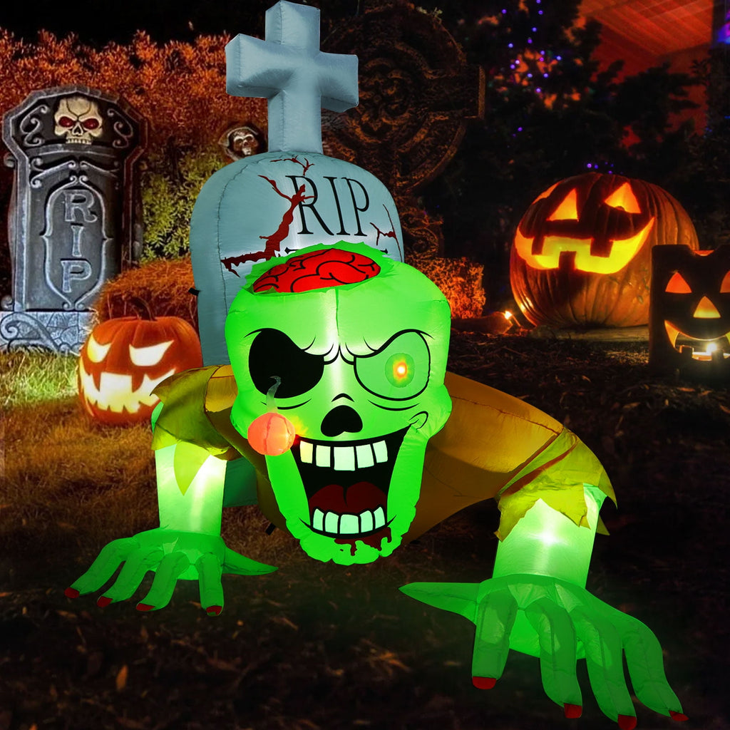 5.7FT Inflatable Halloween Inflatable Crawling Green Ghost with Tombstone Built-in LED Lights Inflatable LED Lights Blow Up Yard Decoration