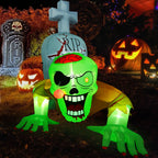 5.7FT Inflatable Halloween Inflatable Crawling Green Ghost with Tombstone Built-in LED Lights Inflatable LED Lights Blow Up Yard Decoration