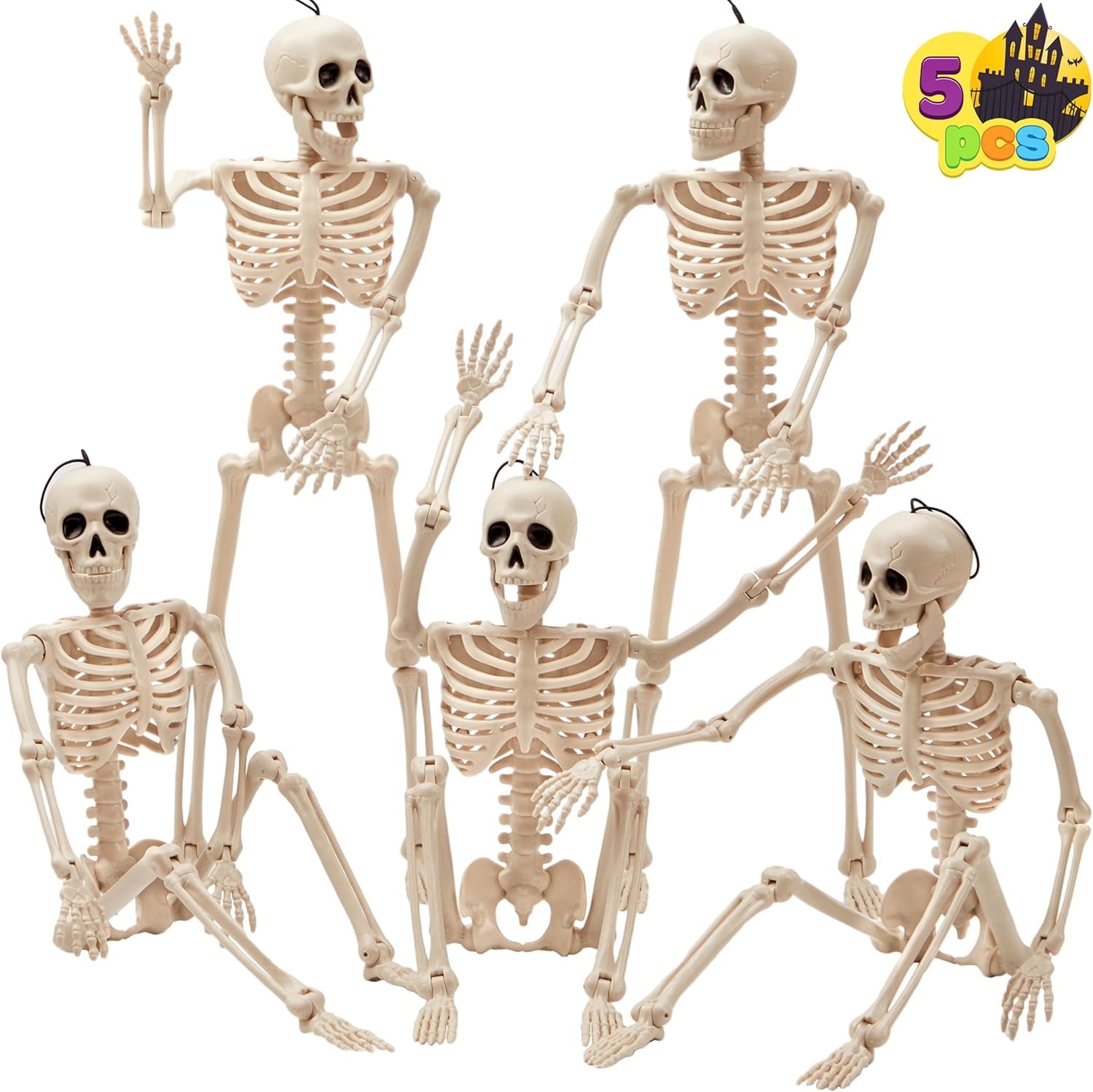 5 PCS Posable Halloween Skeleton Decor 16 Inches, Full Body Posable Joints Hanging Skeletons for Halloween Decorations, Graveyard Props, Haunted House Accessories, Spooky Scene Party Favors