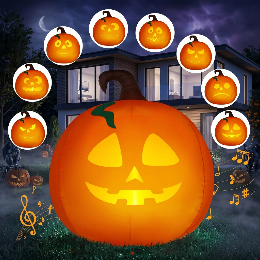 5 Ft Tall Halloween Inflatable Pumpkin,Blow Up Pumpkin with Projector Face and Music Lights,Outdoor Decorations for Yard,Garden,Lawn,Party